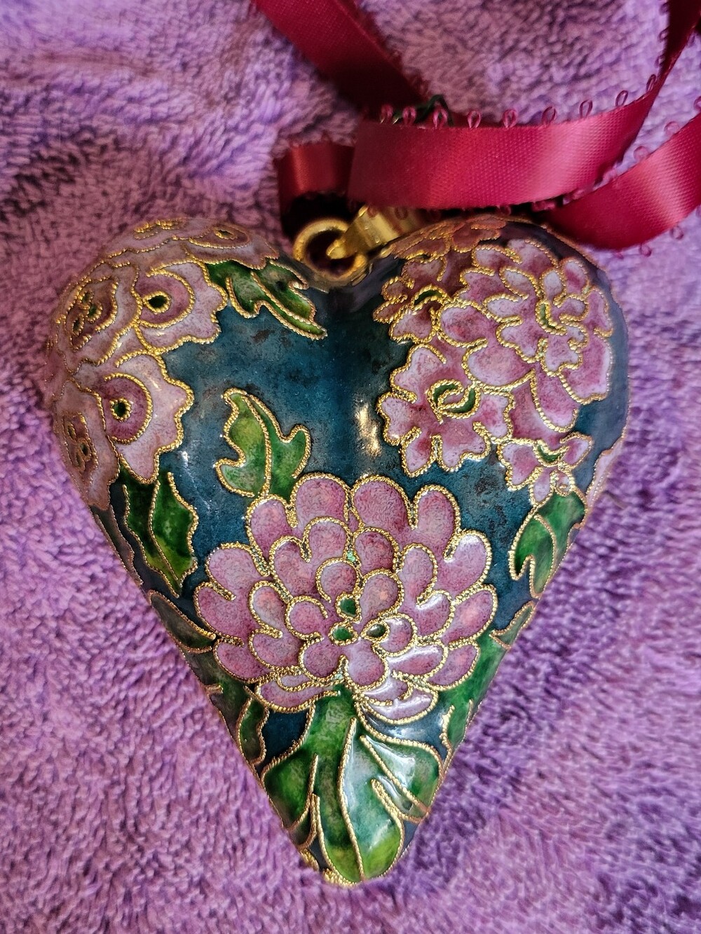 Vintage Nyco Cloisonne Heart Ornament With Pink Floral Motif